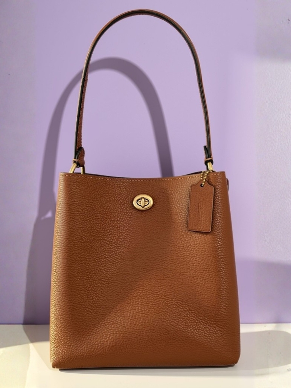 Coach Charlie Leather Bucket Bag Tan Leather Shoulder Bag with Turn-Lock